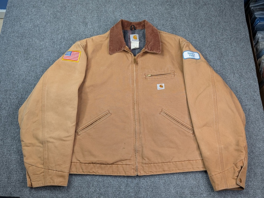Vintage Carhartt Jacket Mens 52 Brown Canvas Bomber Blanket Lined USA Flag Union